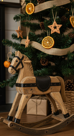Wooden rocking horse in front of a decorated christmas tree with dried oranges, gingerbread, pinecones, and rustic ornaments.の素材