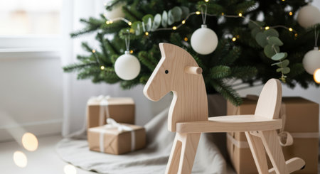 Wooden rocking horse beneath decorated evergreen tree with wrapped presents and festive lights in a cozy holiday living room.の素材