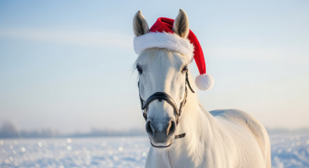 Majestic white horse wearing a red santa hat standing outdoors in a snowy winter field under a clear blue sky.の素材