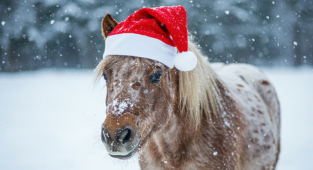Brown pony wearing a red santa hat standing in a snowy winter forest with snowflakes falling softly around.の素材