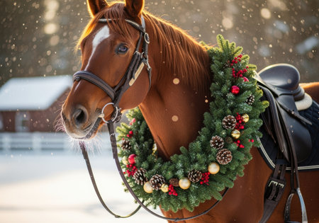 Chestnut horse wearing festive wreath in snowy winter landscape with sunlight and decorated pinecones for holiday season.の素材