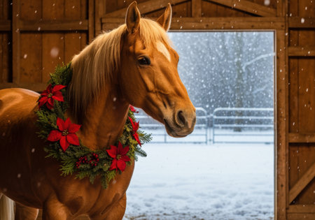 Golden horse with festive wreath standing in wooden barn as gentle snow falls and winter landscape visible through open doors.の素材