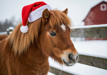 Adorable brown pony wearing a santa hat standing outdoors near wooden fence in snowy winter countryside with red barn in background.の素材