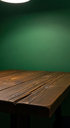 Rustic wooden table surface with visible grain under warm lighting against dark green background accents.の素材