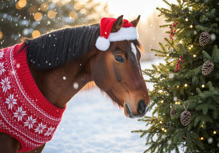 Brown horse wearing a red Christmas sweater and santa hat standing beside decorated evergreen tree in winter snowfall.の素材