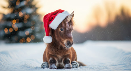 Adorable baby unicorn wearing a santa hat sitting in snowy winter landscape with festive Christmas lights and pine tree in background.の素材