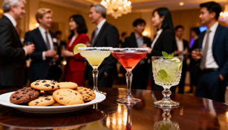 Business professionals mingling at a formal evening event with cocktails and cookies on a polished wooden table in a luxurious venue.の素材