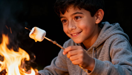 Smiling boy roasting marshmallow over campfire at night in cozy hoodie, enjoying outdoor adventure and childhood fun.の素材