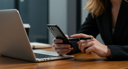 Businesswoman using smartphone with stylus while working on laptop at modern office desk in professional environment.の素材