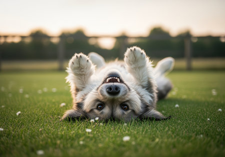 Playful fluffy dog lying on its back in a green grassy field, enjoying a warm sunny day outdoors with a joyful expression.の素材