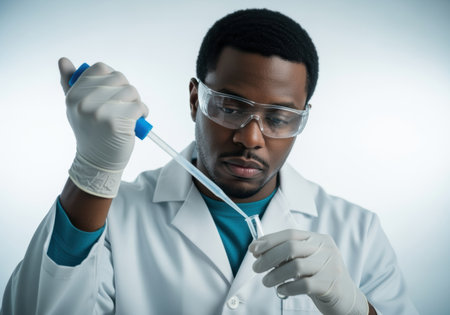 Focused scientist conducting laboratory experiment with pipette, wearing white coat, safety glasses, and gloves under bright lighting.の素材