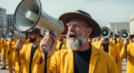 Elderly man in yellow jacket leading group of people with megaphones outdoors during daytime, expressing strong leadership and unity.の素材