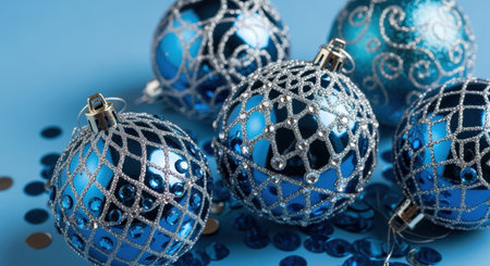 Shiny blue christmas ornaments decorated with silver glitter patterns and sequins on a light blue background for festive decor.の素材