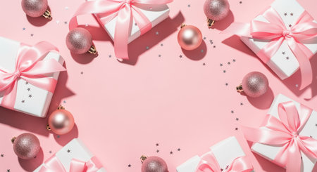 Elegant white gift boxes with satin pink bows and shiny ornaments arranged on a pastel background for festive celebration.の素材