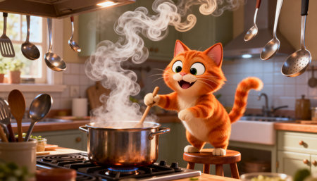 Cheerful orange cat cooking delicious meal in cozy kitchen with steam rising from a pot on the stove.の素材
