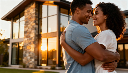 Romantic young couple embracing lovingly outdoors in front of modern house during sunset, sharing intimate moment together.の素材