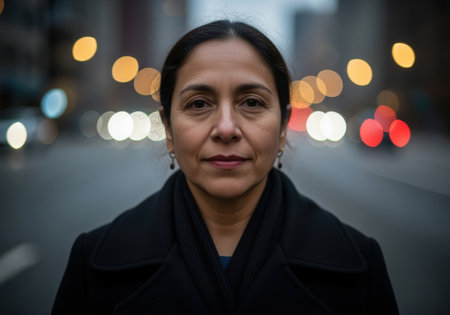Confident middle aged woman standing outdoors in urban city street during evening with blurred lights in background.の素材