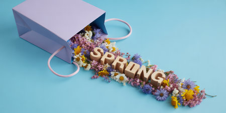 Pastel gift bag spills colorful wildflowers with spring wooden letters on vibrant blue background celebrating seasonal renewal.の素材