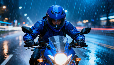 Determined motorcyclist in blue gear riding a sport bike through a rainy city street at night with dramatic motion and reflections.の素材