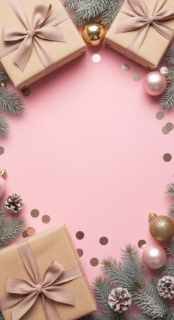 Festive pink background with gift boxes, ornaments, pine branches, and golden confetti for holiday celebration or greeting.の素材