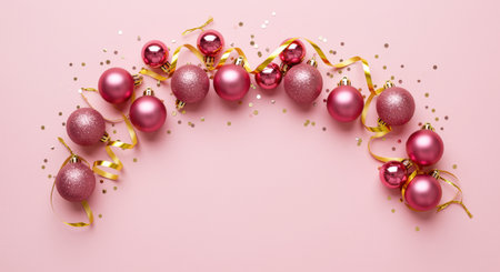 Festive pink christmas ornaments and golden ribbon arranged in an arc with sparkling confetti on pastel background for holiday celebration.の素材