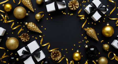 Elegant black and gold festive background with gifts, baubles, pinecones, ribbons, and confetti for luxury holiday celebration.の素材