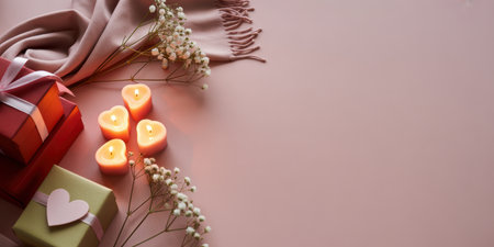 Romantic gift boxes with heart shaped candles and delicate flowers arranged on a soft pink background for celebration.の素材