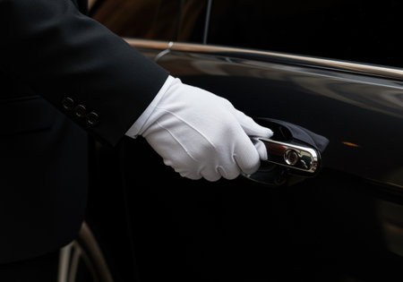 Chauffeur hand with white glove opening luxury car door, elegance and high end transportation service in urban environment.の素材