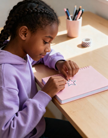 Young girl drawing a star in a pink notebook while sitting at a wooden desk with art supplies and natural daylight.の素材