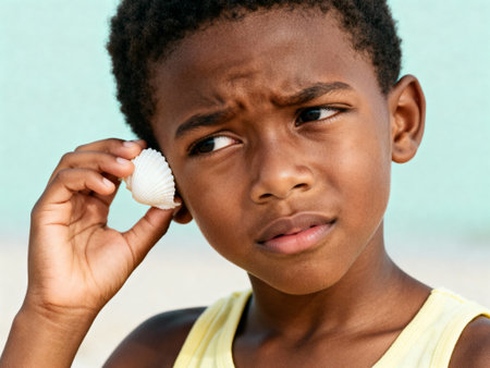 Curious young boy listening to a seashell, exploring nature and ocean sounds at the beach on a bright sunny day.の素材
