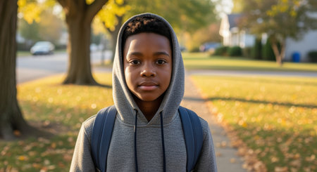 Confident young boy wearing a gray hoodie and backpack standing outdoors on a peaceful autumn suburban street in soft morning light.の素材