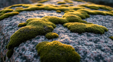 Close up view of vibrant green moss growing on rough textured stone surface in natural outdoor environment at sunset.の素材