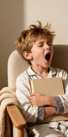 Sleepy young boy yawning in cozy pajamas while holding a book and sitting on a comfortable chair in a morning sunny room.の素材