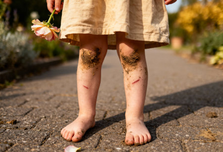 Barefoot child standing on a garden path with scraped and muddy knees, holding a flower in spring sunlight.の素材