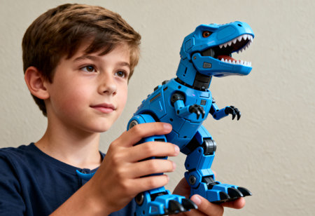 Young boy holding a blue robotic dinosaur toy with articulated limbs and expressive features indoors against a neutral wall background.の素材