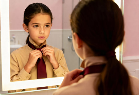 Confident young girl adjusting maroon tie in front of illuminated mirror while preparing for school in the morning.の素材