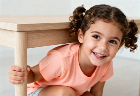 Happy young girl with curly hair smiling while hiding under a wooden table at home in a playful and cheerful mood.の素材