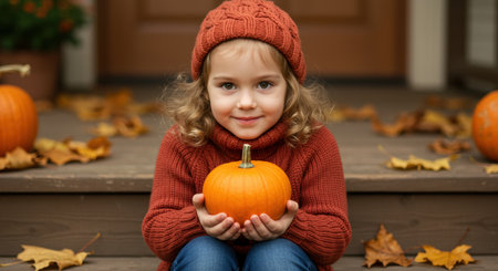 Smiling young girl in cozy autumn clothing holding a small pumpkin while sitting on wooden steps surrounded by fallen leaves.の素材
