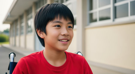 Smiling young boy in a red shirt sitting outdoors near a modern school building, expressing happiness and youthful energy.の素材