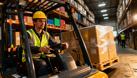 Warehouse worker operating forklift to transport pallet of boxed goods through storage aisle in large distribution facility.の素材