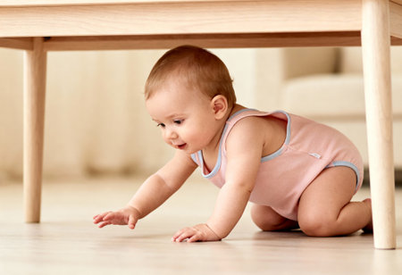 Curious baby crawling under wooden table in bright living room, exploring surroundings with joyful expression and determination.の素材