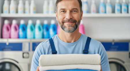 Smiling man holding freshly folded laundry in laundromat with bright detergent bottles displayed on shelves in the background.の素材