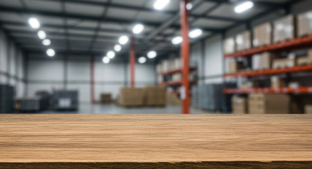 Empty wooden tabletop with blurred modern warehouse interior background, shelving units and storage boxes in industrial space.の素材