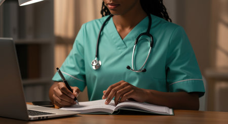 Focused healthcare professional in teal scrubs taking notes in a medical journal while working late at a desk with a laptop.の素材