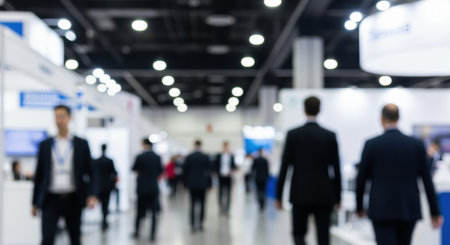 Business professionals networking and walking through modern convention hall with bright lighting and exhibition booths in the background.の素材