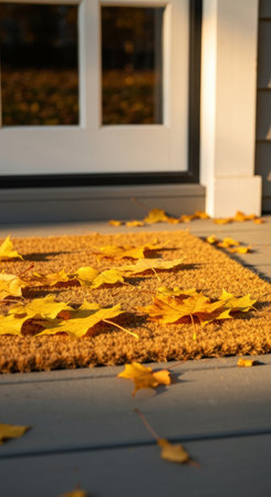Golden autumn leaves scattered on a doormat outside a cozy home entrance on a clear, bright fall afternoon.の素材