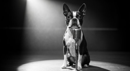 Boston terrier dog sitting on stage under spotlight with vintage microphone, performing in dramatic black and white setting.の素材