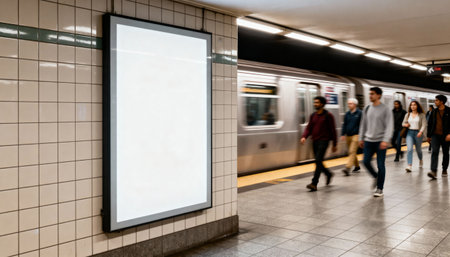 Blank illuminated advertising billboard in subway station with commuters passing by and train arriving on underground platform.の素材