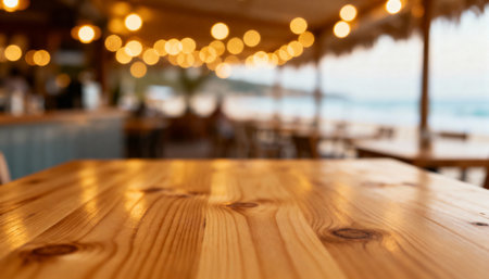Polished wooden table in cozy outdoor beachfront cafe with warm ambient lights and blurry ocean view at sunset.の素材