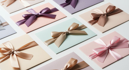 Elegant pastel gift envelopes decorated with satin ribbons in various soft colors arranged neatly for celebrations and special occasions.の素材